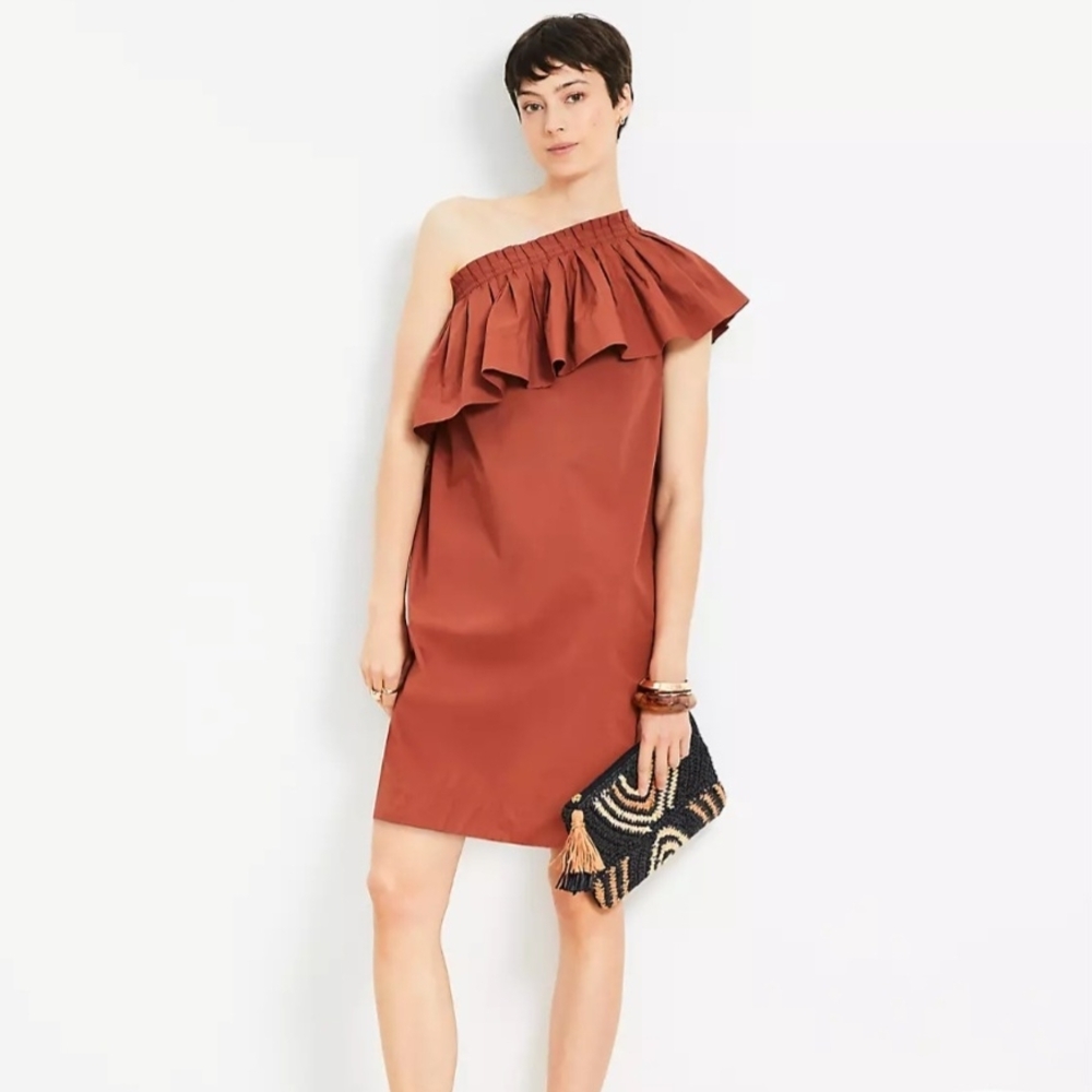 LOFT One-Shoulder Ruffle Dress in Rust